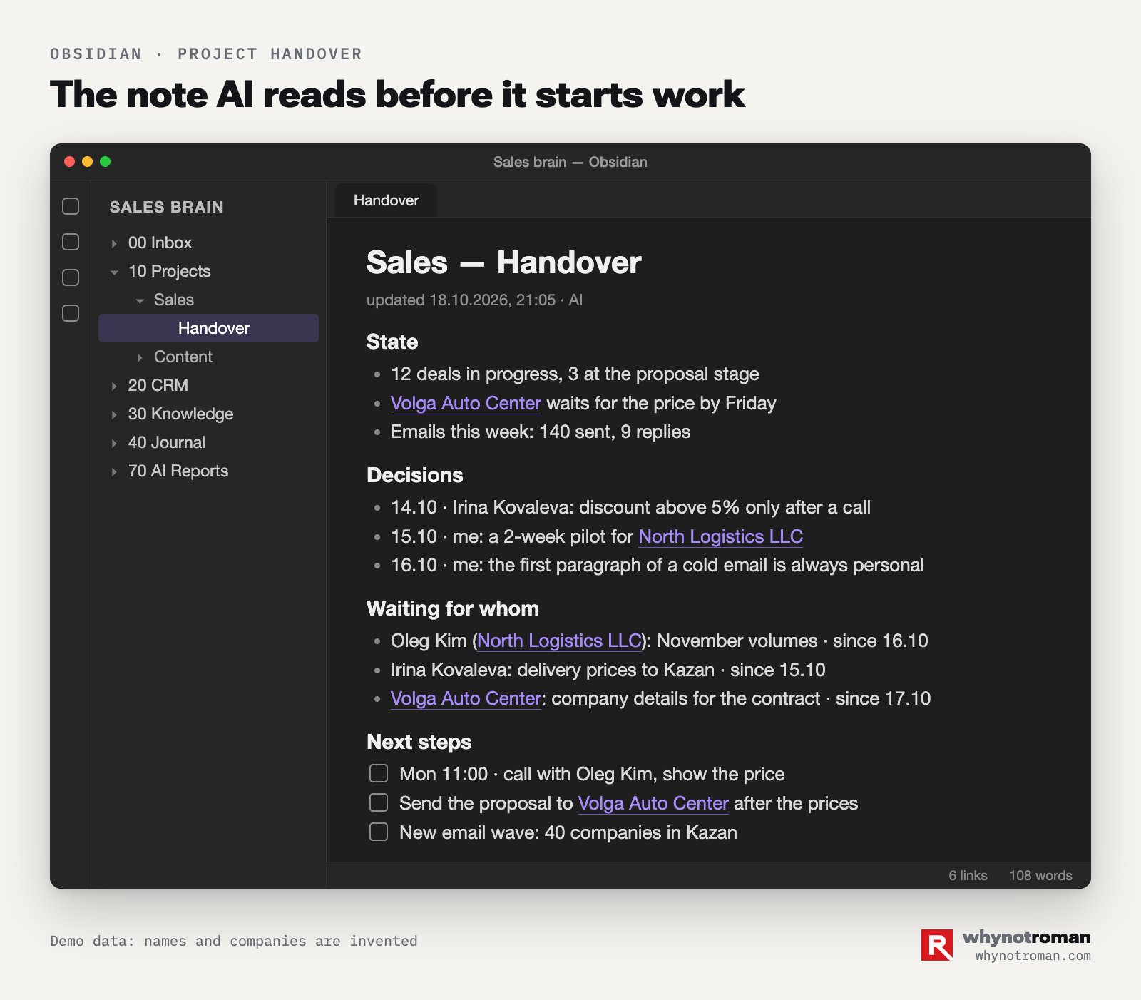 The handover page. The AI reads it first in a new conversation and updates it at the end of a task. Example with invented data