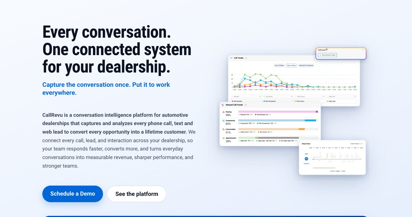 The CallRevu home page. Every conversation in one system. Marketing image. Source. callrevu.com, home page