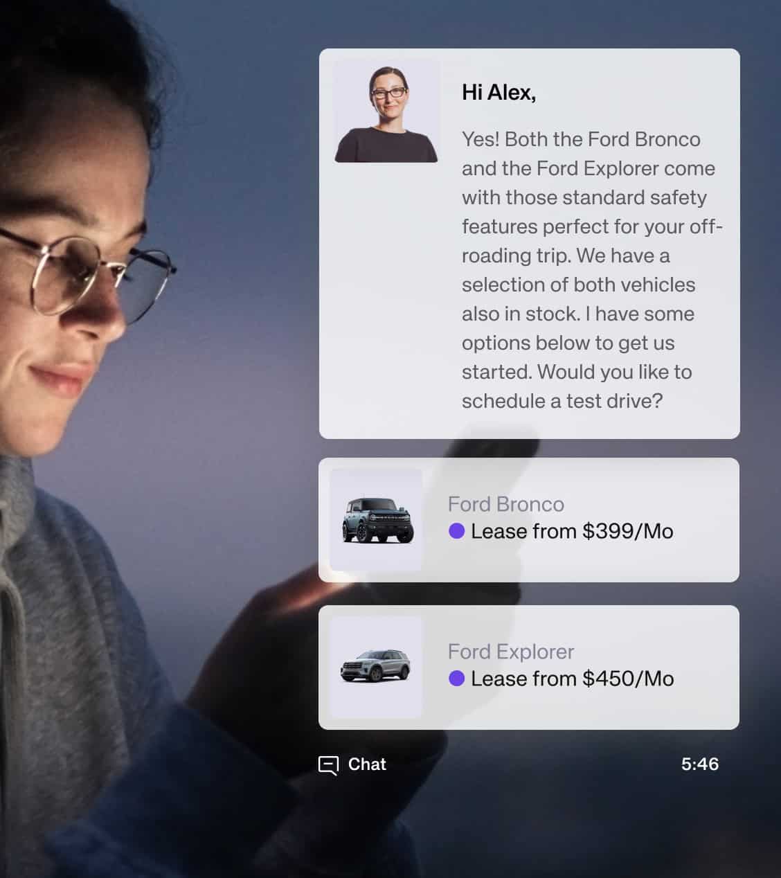 Chat AI shows a customer two cars from stock inside the conversation. Company illustration. Source. impel.ai, Chat AI page