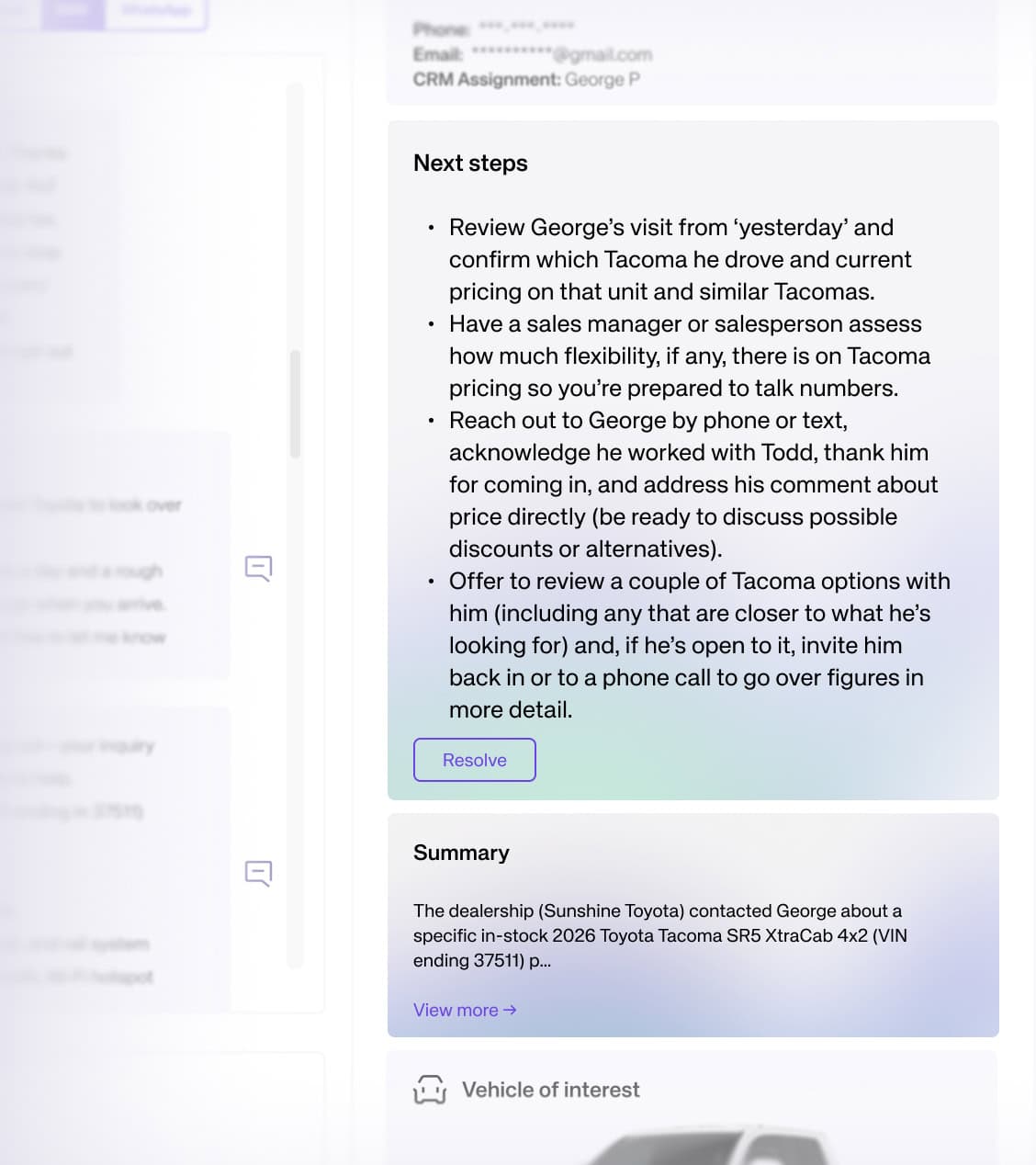 A lead hand-off brief for a sales rep. Next steps and a summary of the conversation. Company illustration. Source. impel.ai, Sales AI page