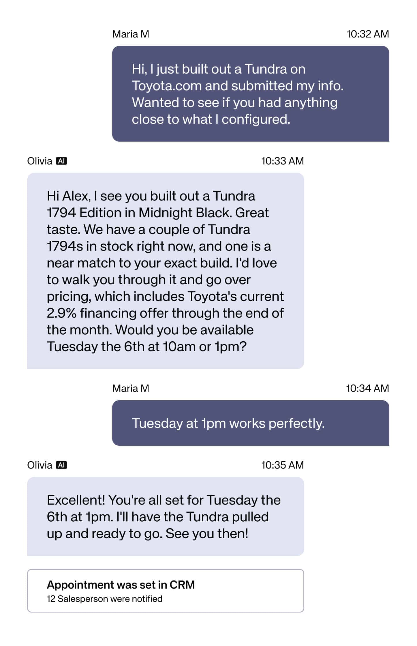 Sales AI dialog. A customer built a Tundra on the maker's site, the AI offers a visit and writes the appointment to the CRM. Company illustration. Source. impel.ai, Sales AI page