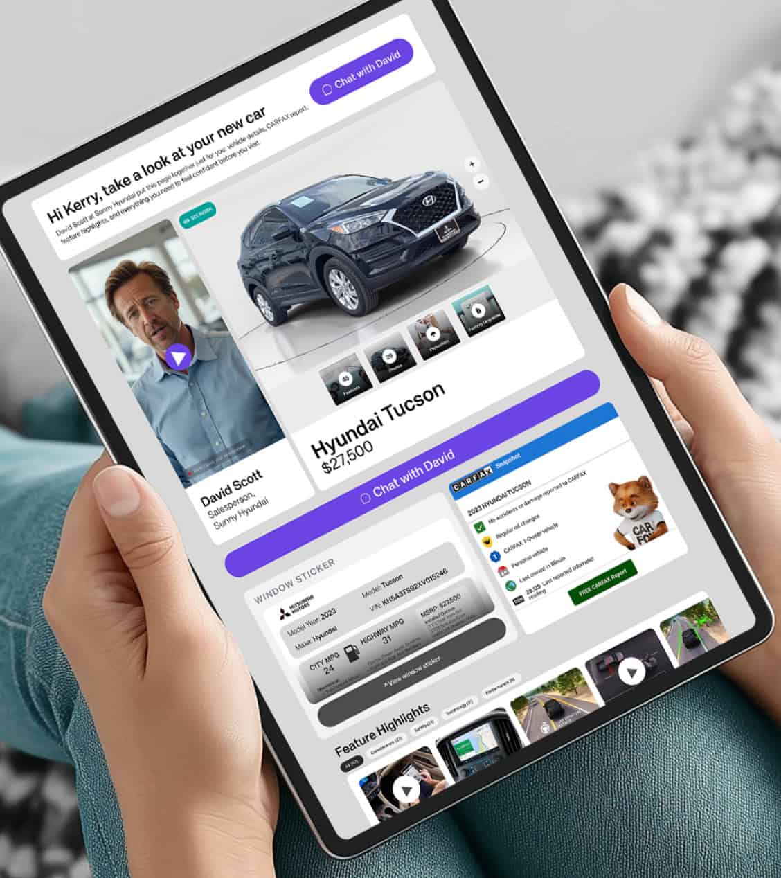 A VinVision AI video reply and a customer page with the car, Carfax and a payment calculator. Company illustration. Source. impel.ai, Sales AI page