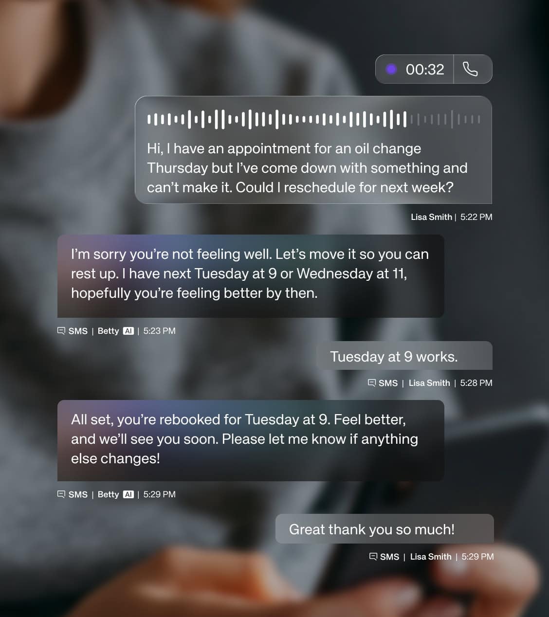 Voice and SMS in service. A customer asks to move a booking, the AI offers a time and confirms. Company illustration. Source. impel.ai, Voice AI page