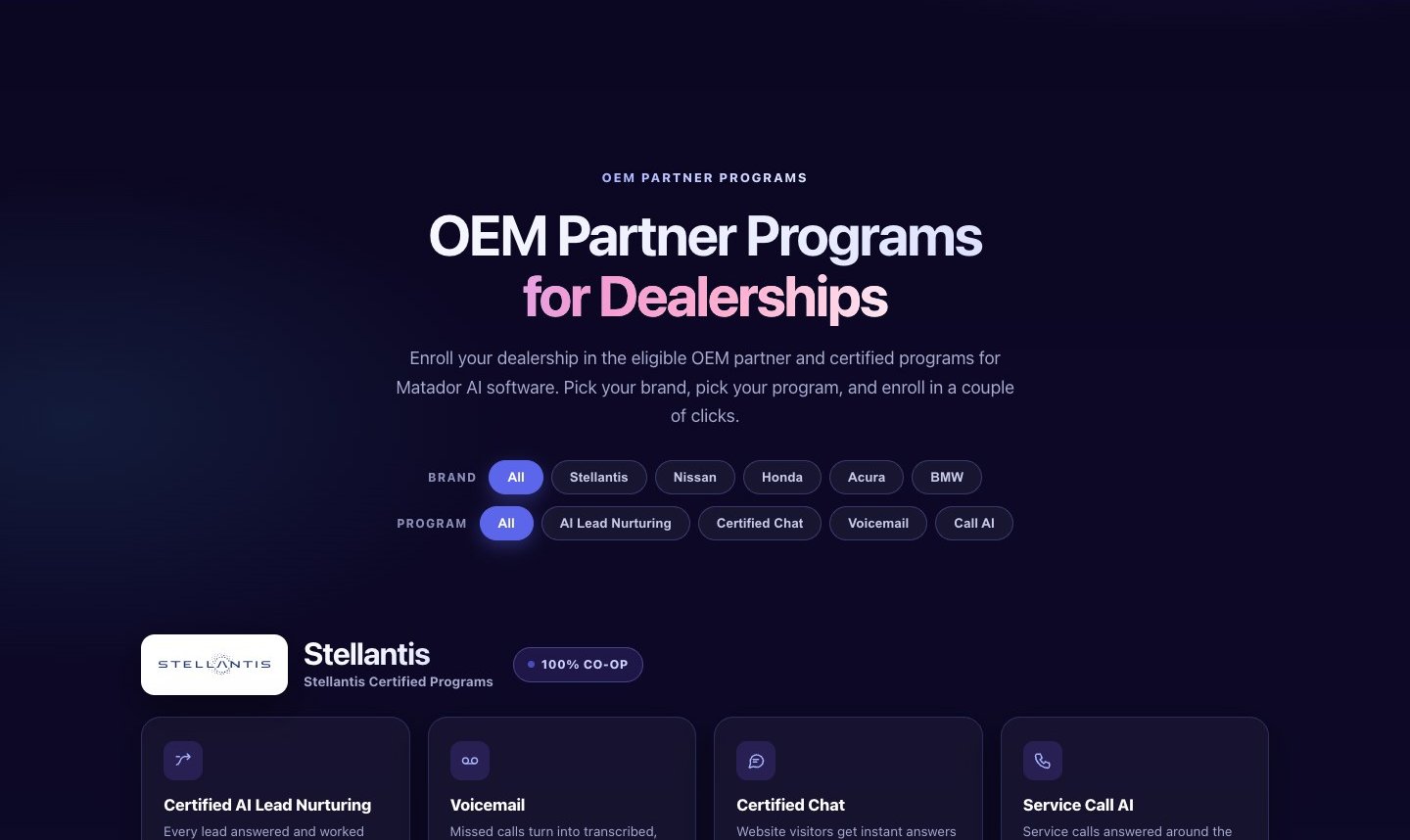 Carmaker programs. Marketing mockup. Source. matador.ai/oem-partner-programs