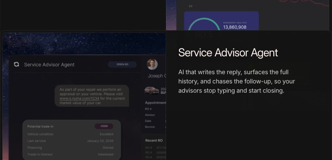 The service advisor agent offers the customer an appraisal for a possible trade-in. Marketing mockup. Source: numa.com, Core Features
