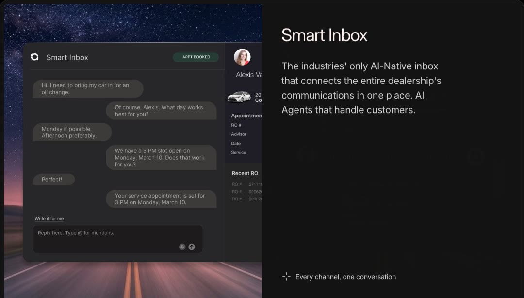 A customer books an oil change by text, and the booking is confirmed. Marketing mockup. Source: numa.com, Core Features